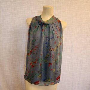 Elena Baldi  W S Teal Silk Blend Sleevless Tie Neck Blouse W/ Knit Lining A238
